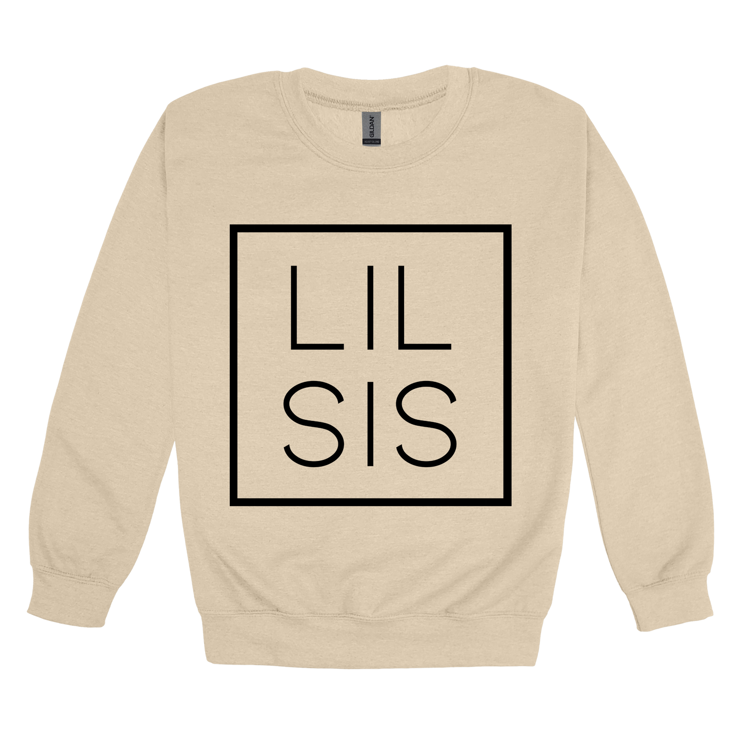 Lil Sis design on a Sand adult crewneck sweatshirt, front view.
