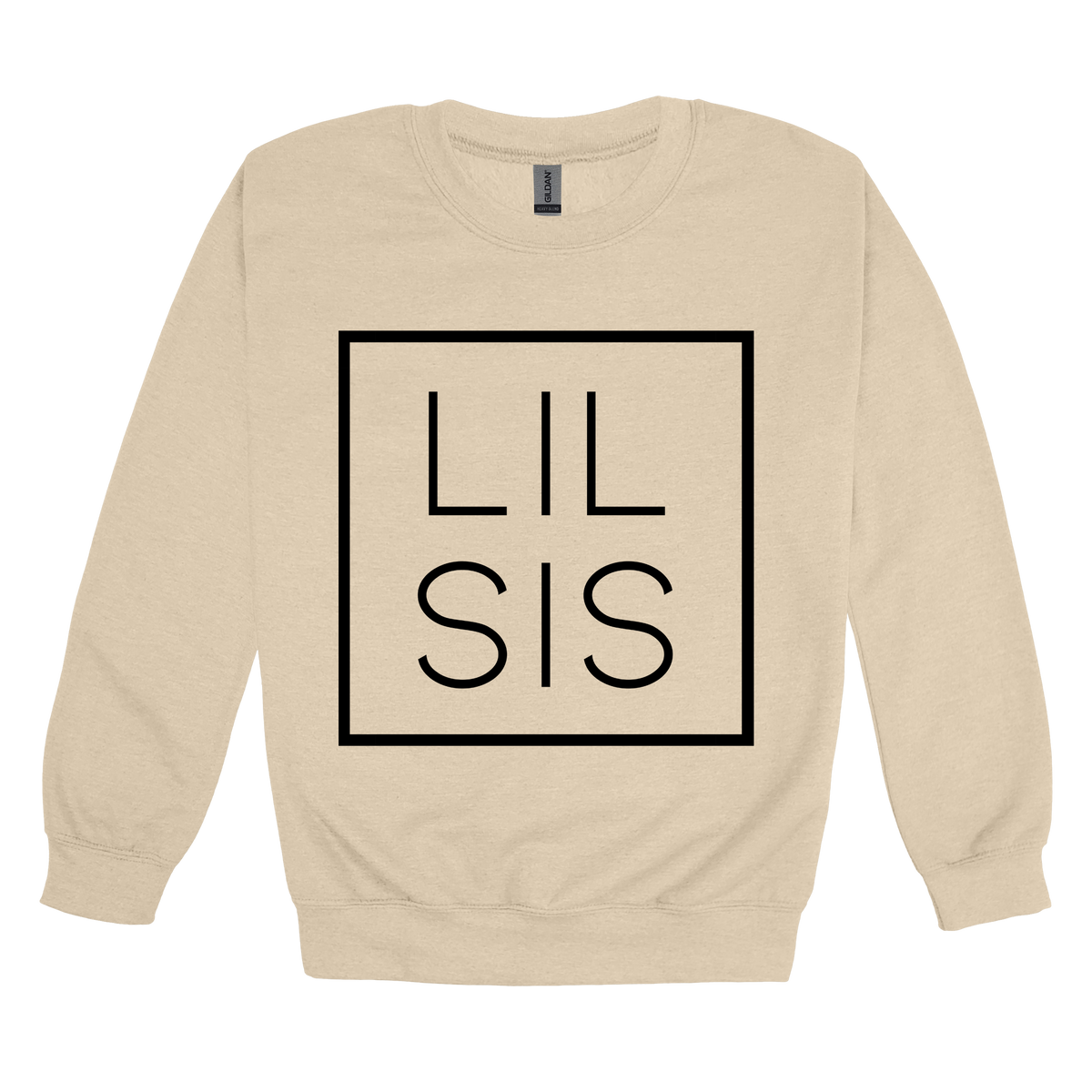 Lil Sis design on a Sand adult crewneck sweatshirt, front view.