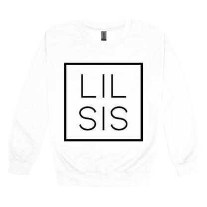 Lil Sis design on a White adult crewneck sweatshirt, front view.