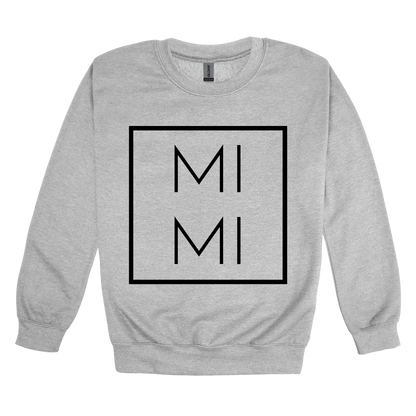Mimi design on a Sport Gray adult crewneck sweatshirt, front view.