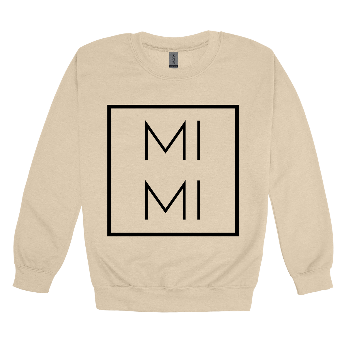 Mimi design on a Sand adult crewneck sweatshirt, front view.