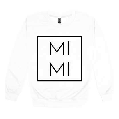 Mimi design on a White adult crewneck sweatshirt, front view.
