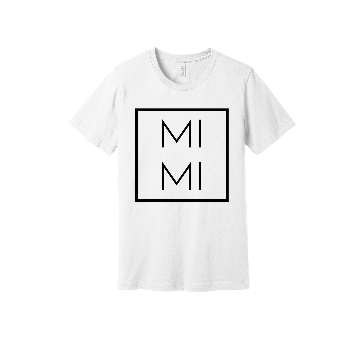 Mimi design on a White adult T-shirt, front view.