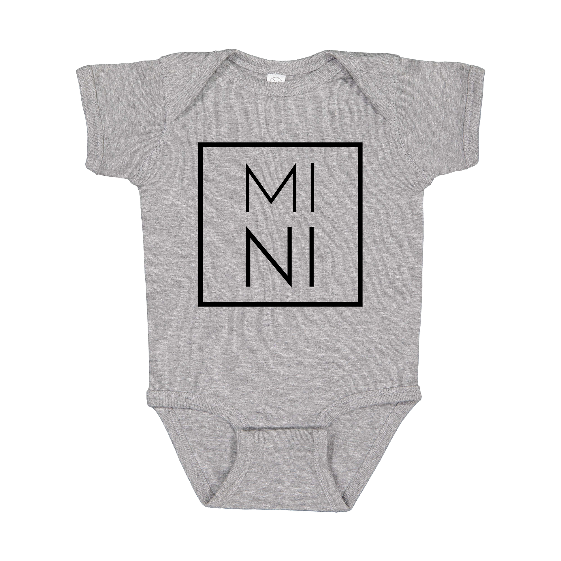Mini design on a Heather Athletic Gray infant onesie, front view.