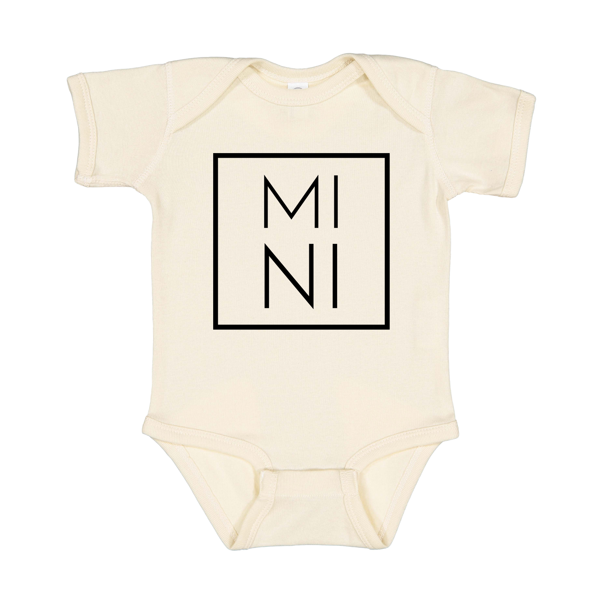 Mini design on a Natural infant onesie, front view.