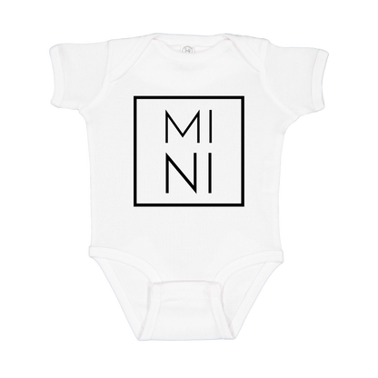 Mini design on a White infant onesie, front view.