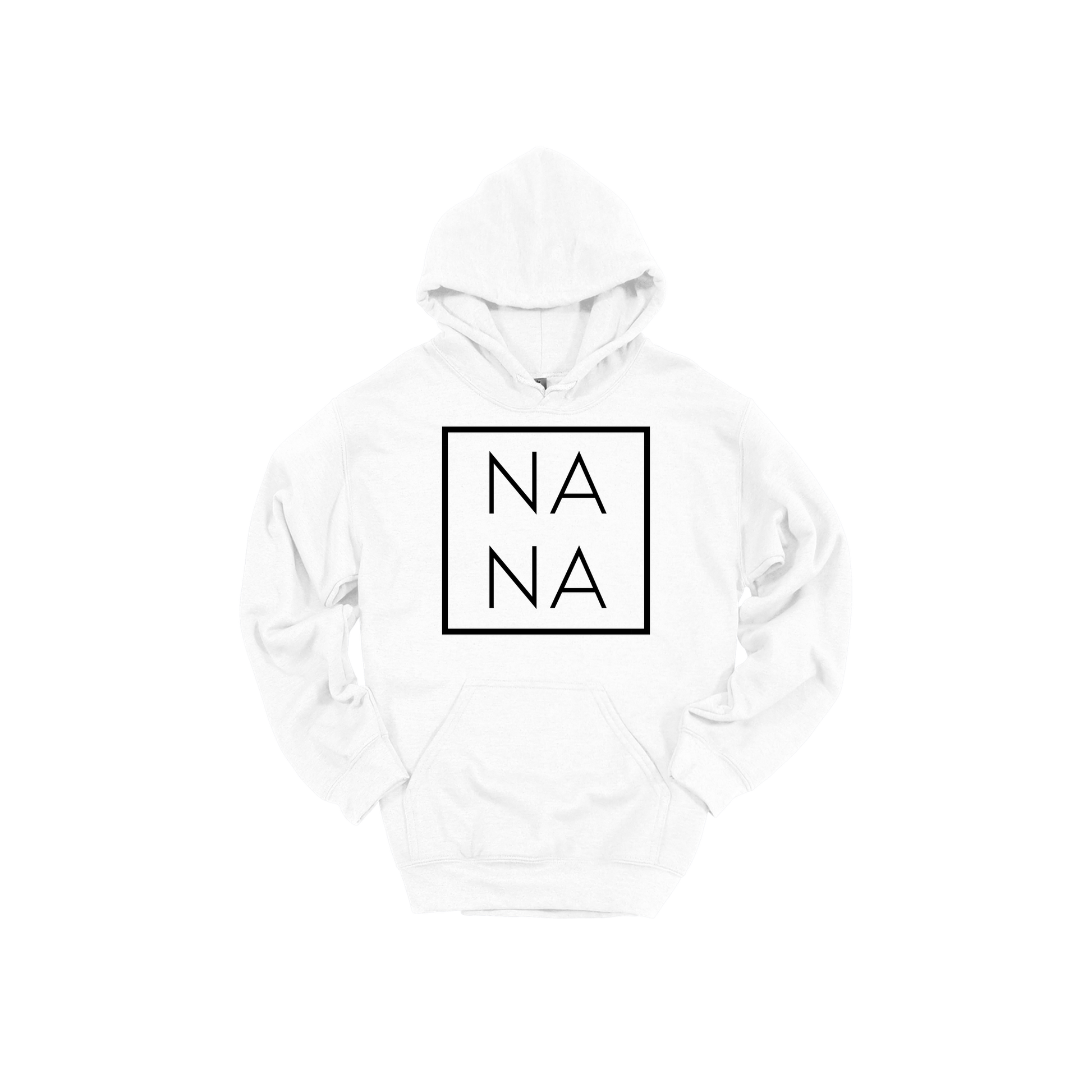 Nana design on a White adult hoodie, front view.
