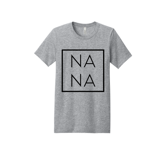 Nana design on a Heather Athletic Gray adult T-shirt, front view.
