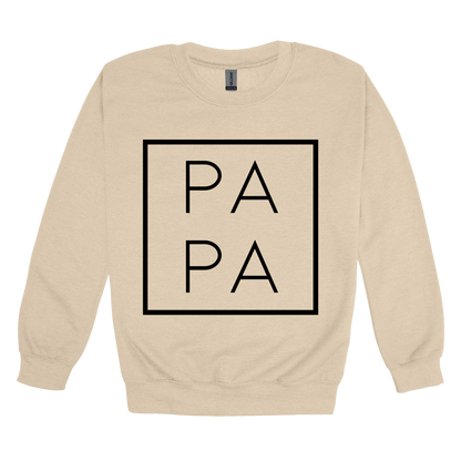 Papa design on a Sand adult crewneck sweatshirt, front view.