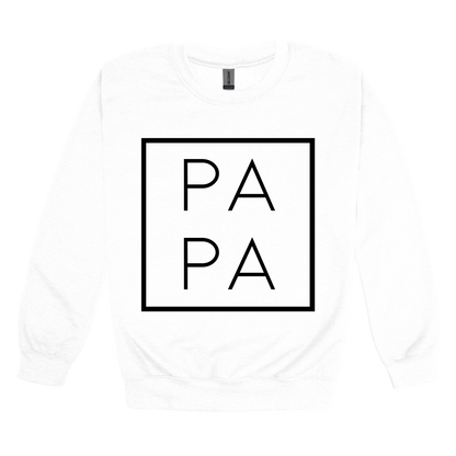 Papa design on a White adult crewneck sweatshirt, front view.