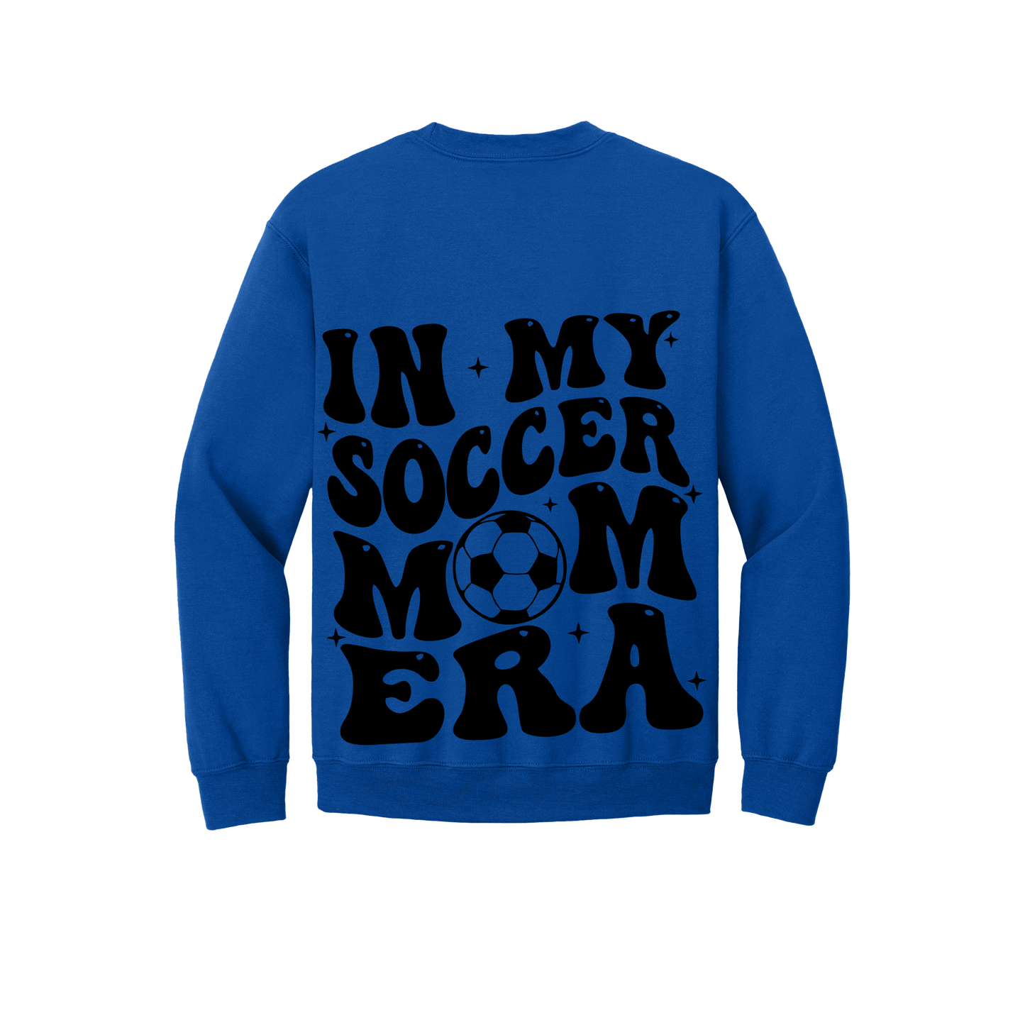 In My Soccer Mom Era Front & Back design on a Royal Blue adult crewneck sweatshirt, back view.