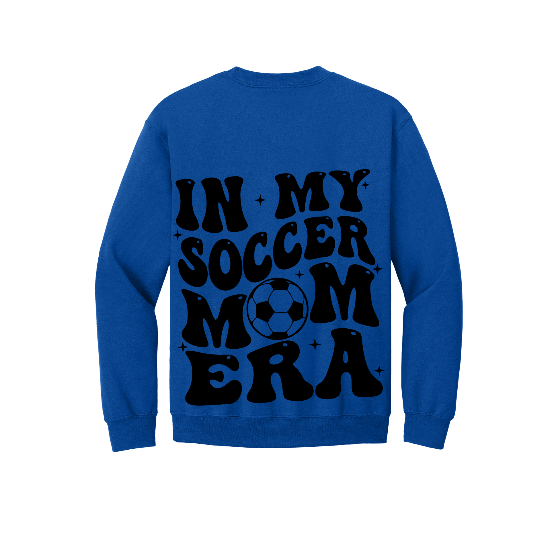 In My Soccer Mom Era Front & Back design on a Royal Blue adult crewneck sweatshirt, back view.