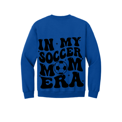 In My Soccer Mom Era Front & Back design on a Royal Blue adult crewneck sweatshirt, back view.