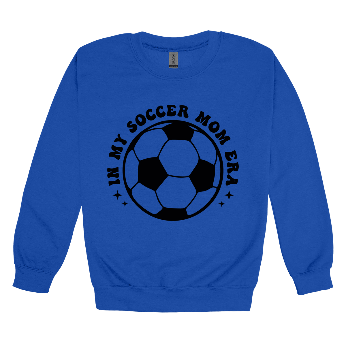 In My Soccer Mom Era Front & Back design on a Royal Blue adult crewneck sweatshirt, front view.