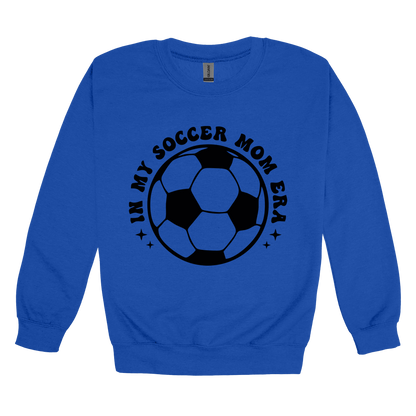 In My Soccer Mom Era Front & Back design on a Royal Blue adult crewneck sweatshirt, front view.