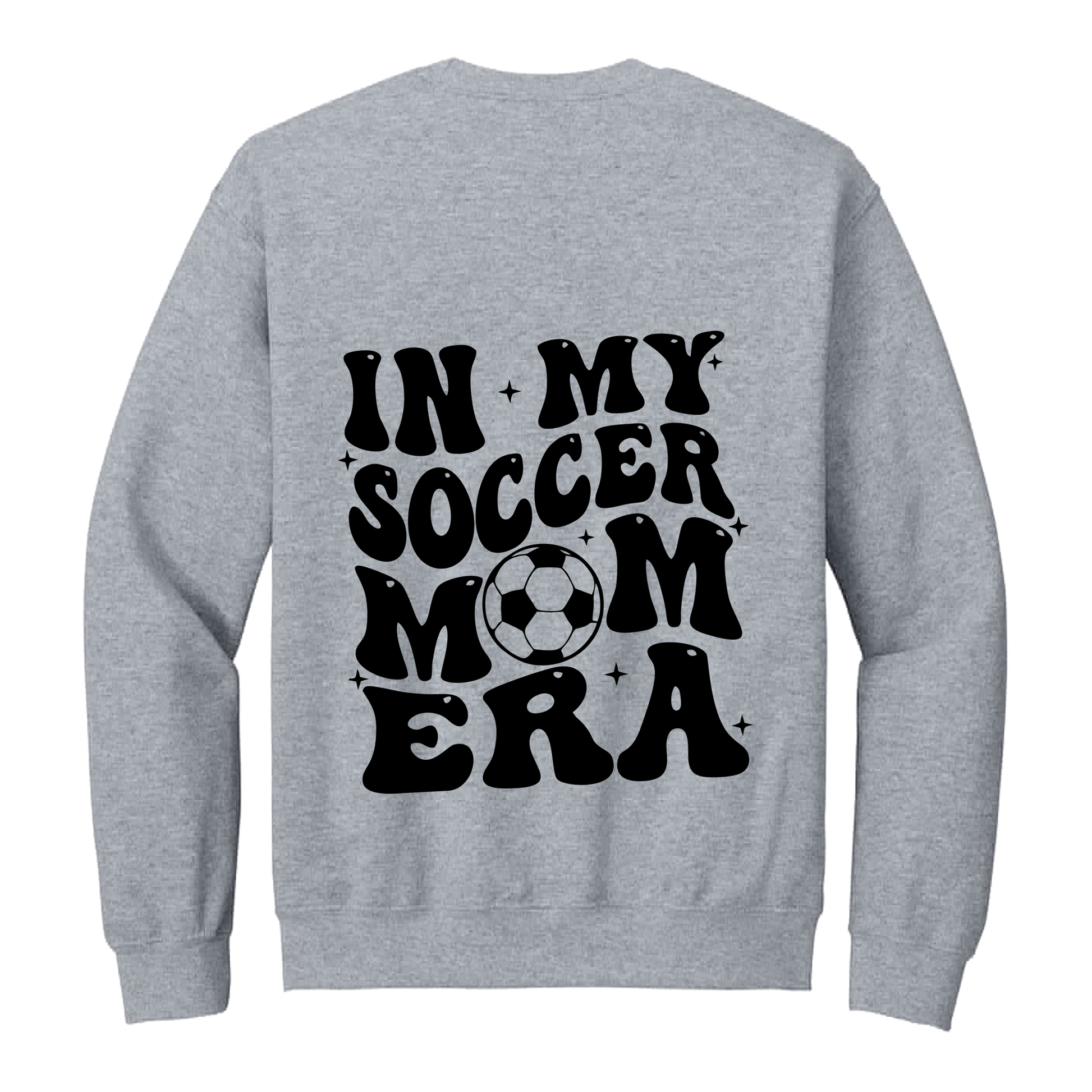 In My Soccer Mom Era Front & Back design on a Sport Gray adult crewneck sweatshirt, back view.