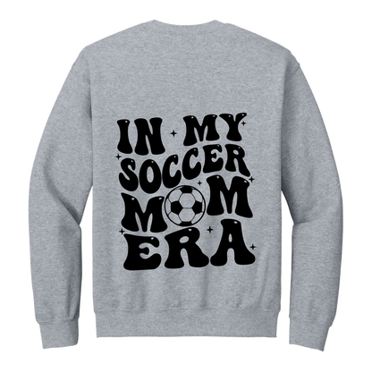 In My Soccer Mom Era Front & Back design on a Sport Gray adult crewneck sweatshirt, back view.
