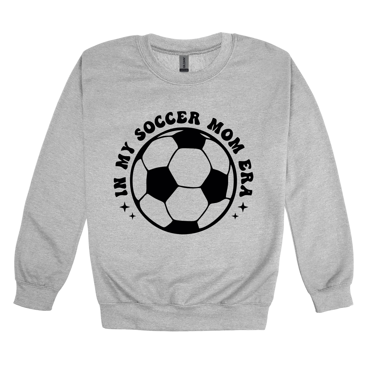 In My Soccer Mom Era Front & Back design on a Sport Gray adult crewneck sweatshirt, front view.