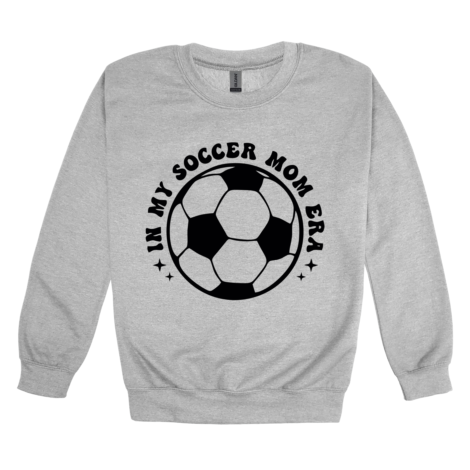 In My Soccer Mom Era Front & Back design on a Sport Gray adult crewneck sweatshirt, front view.