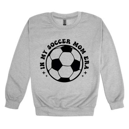In My Soccer Mom Era Front & Back design on a Sport Gray adult crewneck sweatshirt, front view.