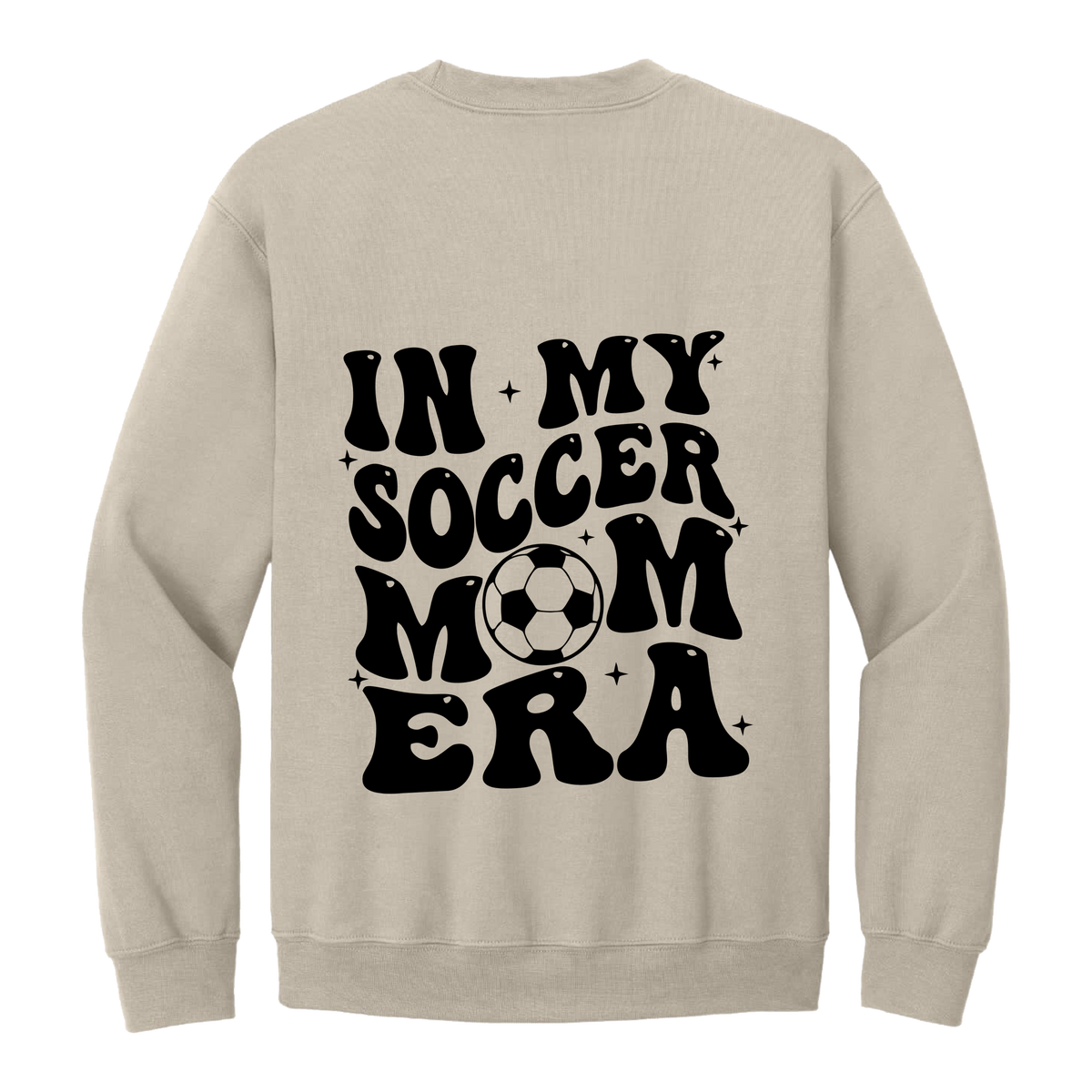 In My Soccer Mom Era Front & Back design on a Sand adult crewneck sweatshirt, back view.