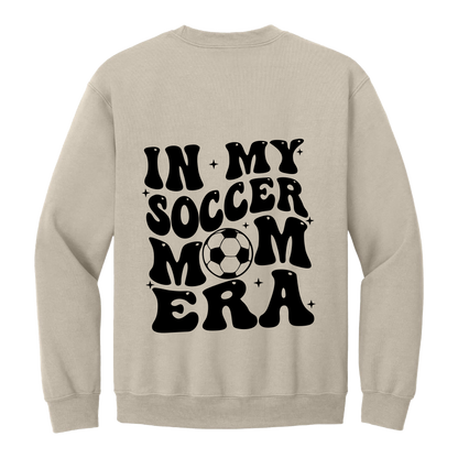 In My Soccer Mom Era Front & Back design on a Sand adult crewneck sweatshirt, back view.