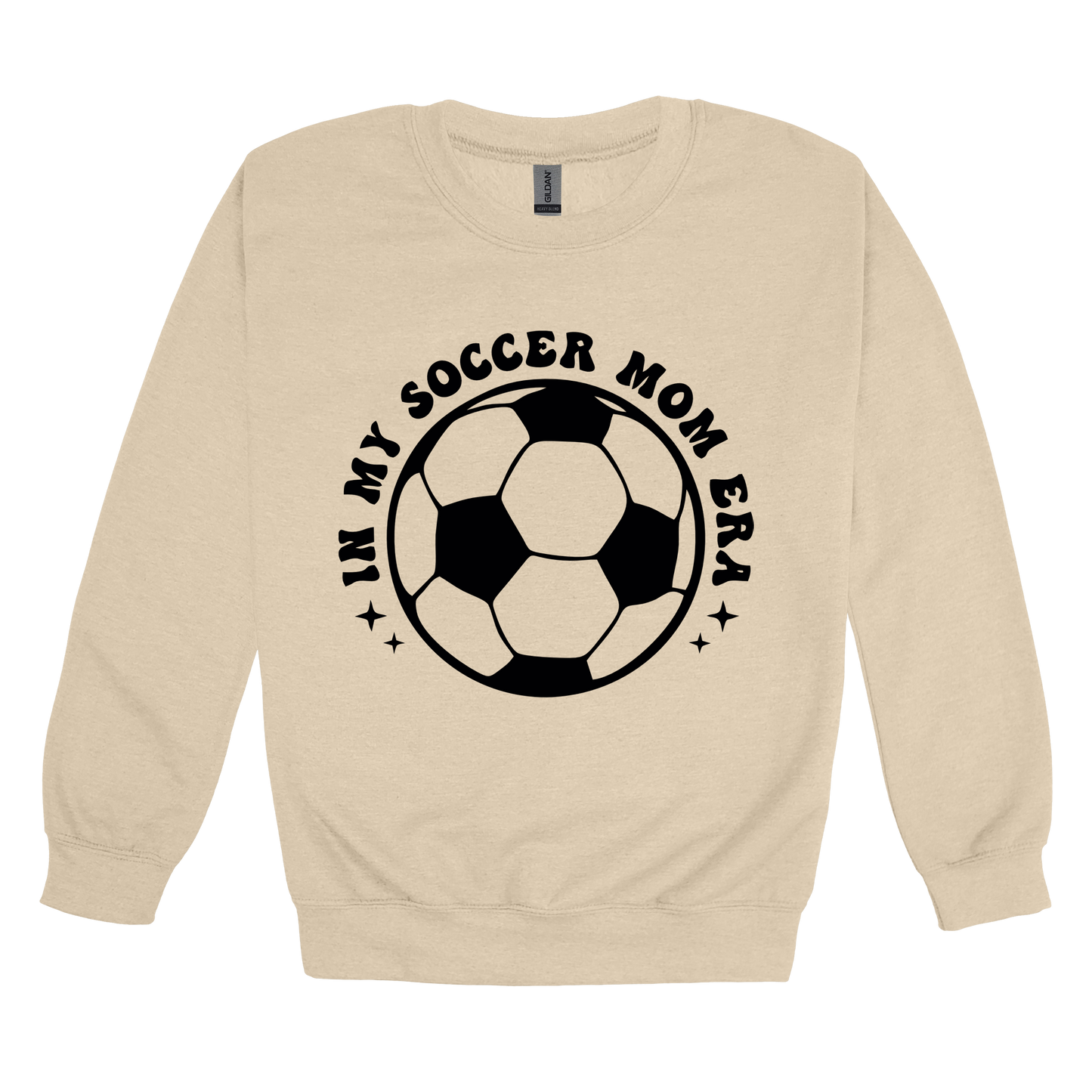 In My Soccer Mom Era Front & Back design on a Sand adult crewneck sweatshirt, front view.