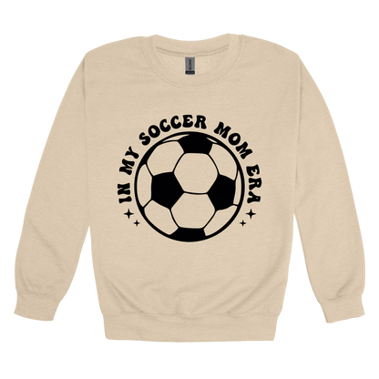 In My Soccer Mom Era Front & Back design on a Sand adult crewneck sweatshirt, front view.