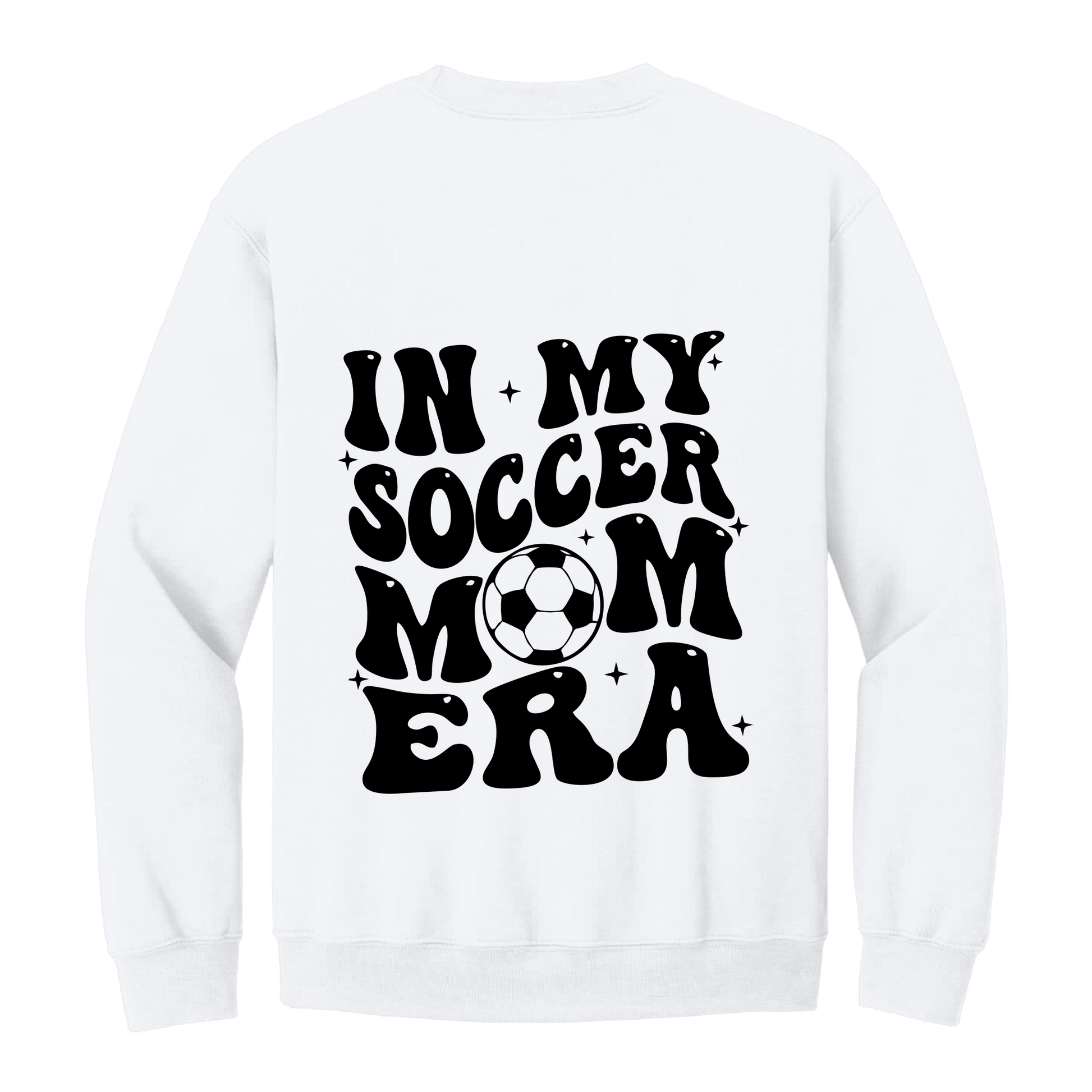 In My Soccer Mom Era Front & Back design on a White adult crewneck sweatshirt, back view.