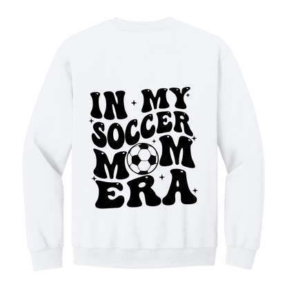 In My Soccer Mom Era Front & Back design on a White adult crewneck sweatshirt, back view.