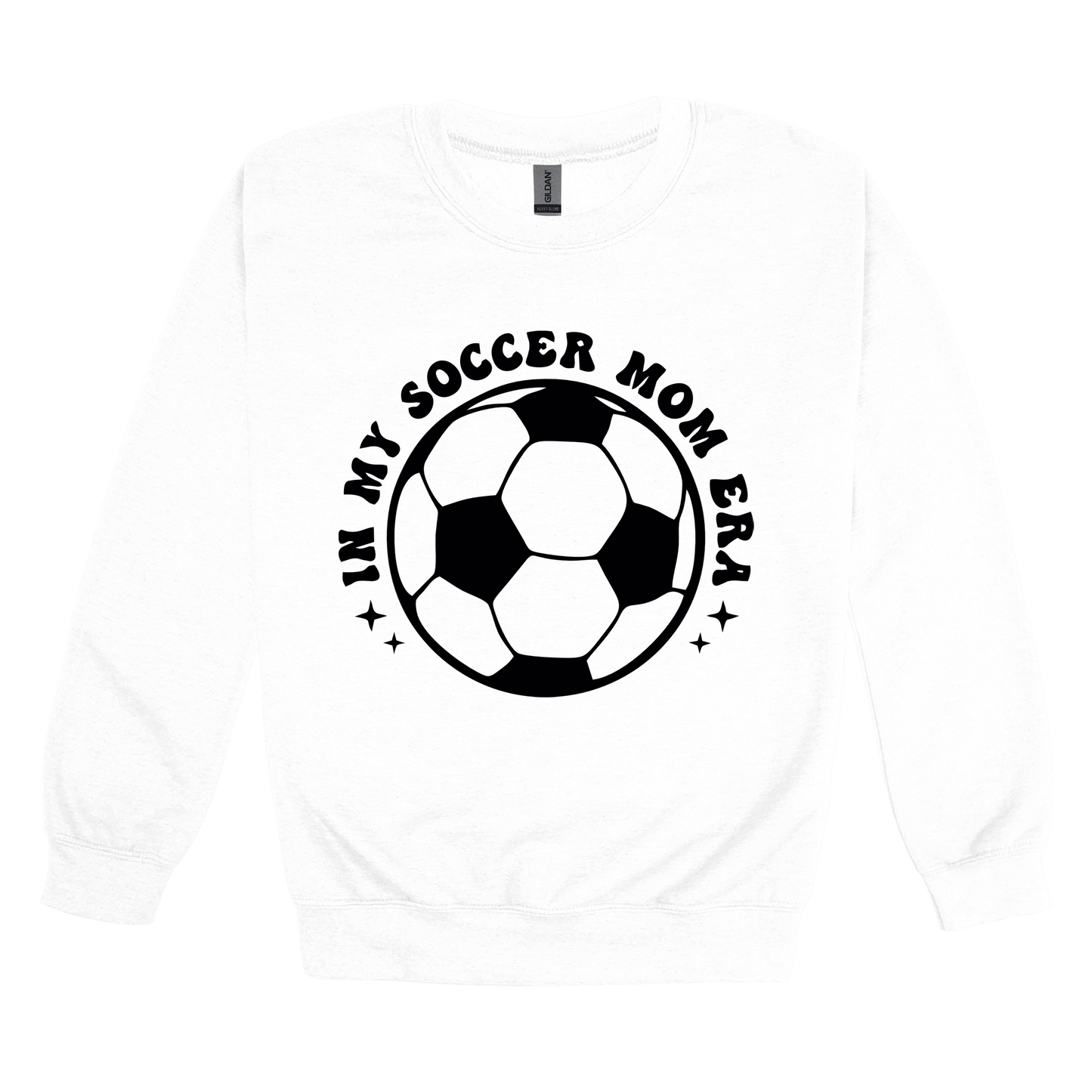 In My Soccer Mom Era Front & Back design on a White adult crewneck sweatshirt, front view.