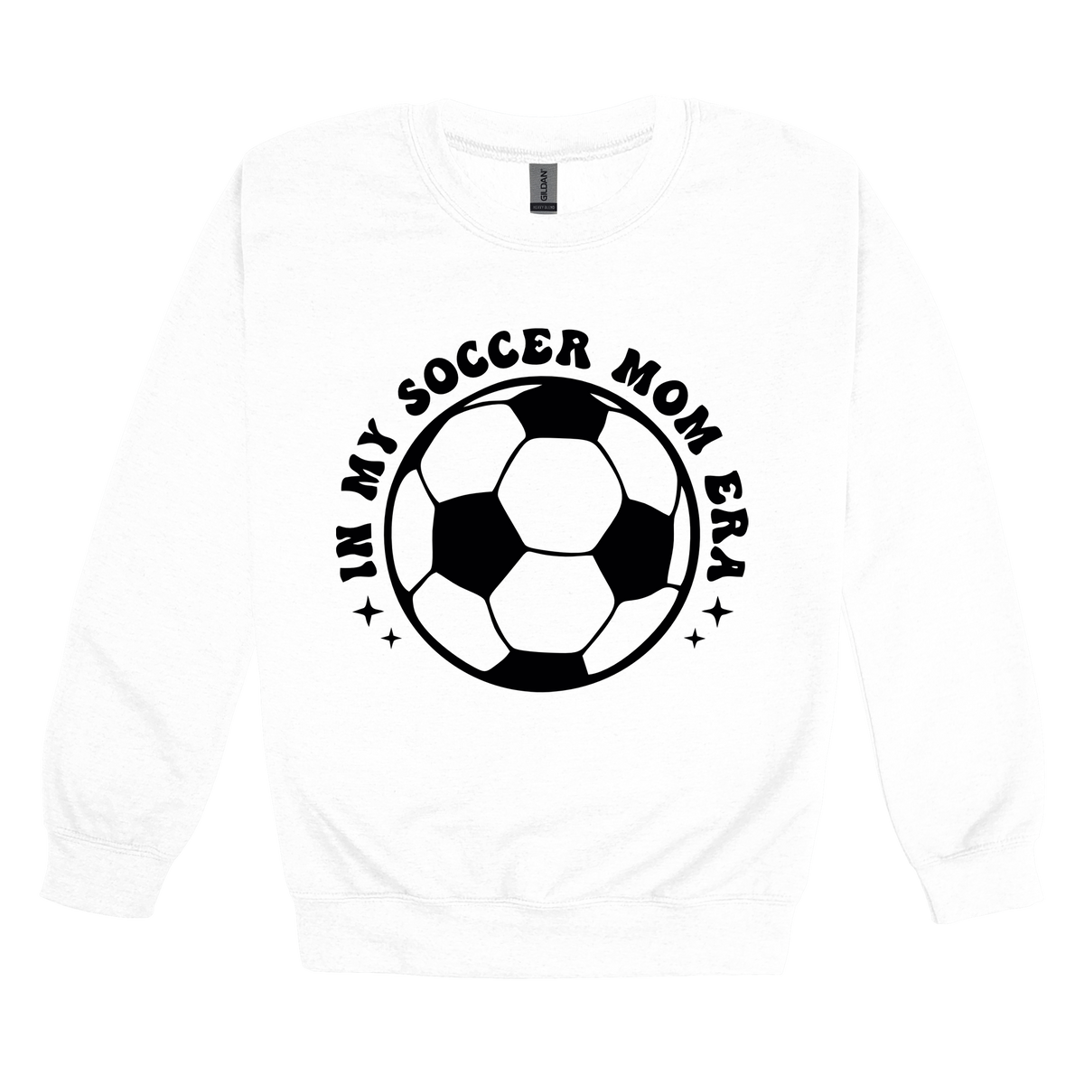 In My Soccer Mom Era Front & Back design on a White adult crewneck sweatshirt, front view.