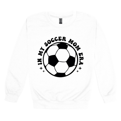 In My Soccer Mom Era Front & Back design on a White adult crewneck sweatshirt, front view.