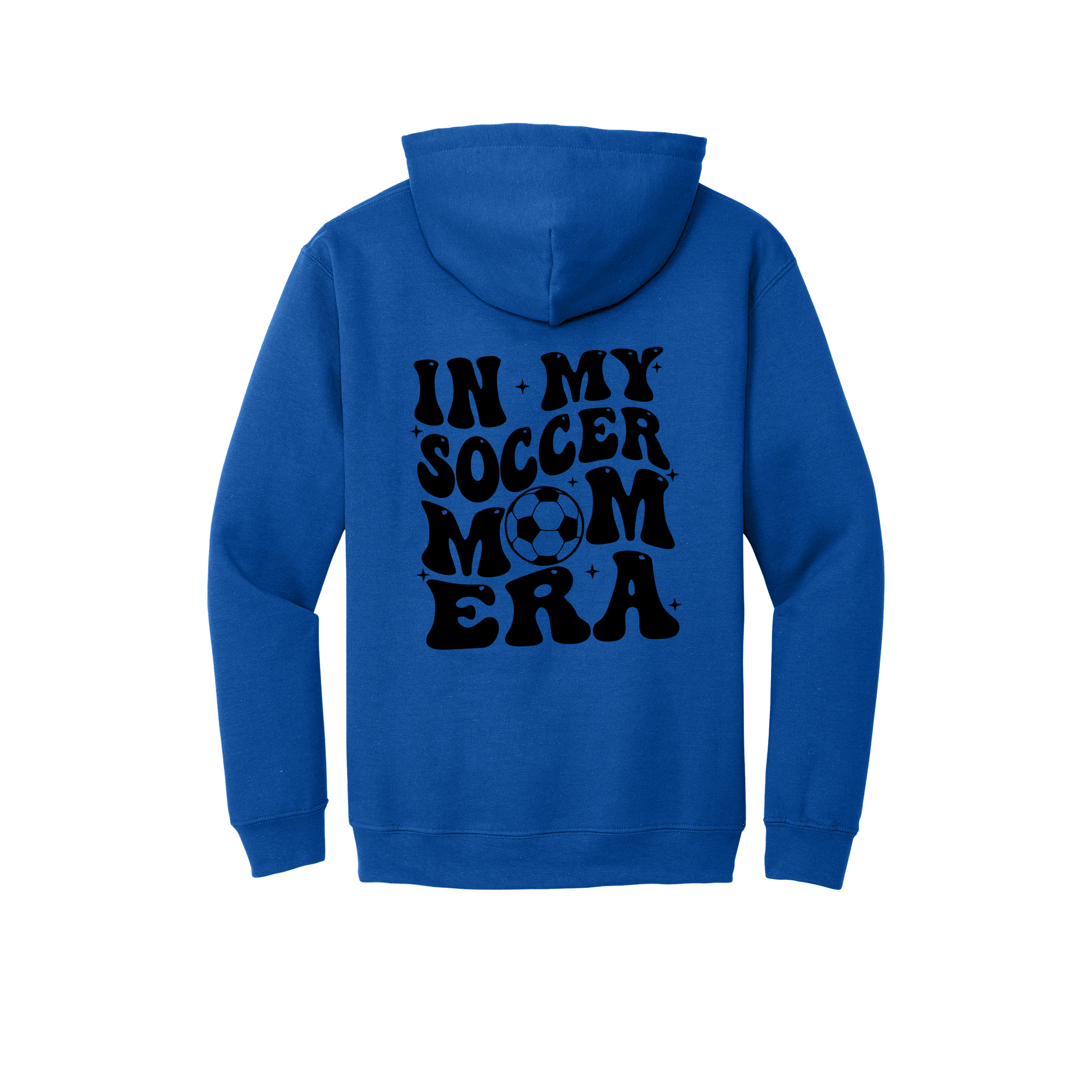 In My Soccer Mom Era Front & Back design on a Royal Blue adult hoodie, back view.