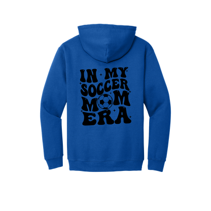 In My Soccer Mom Era Front & Back design on a Royal Blue adult hoodie, back view.