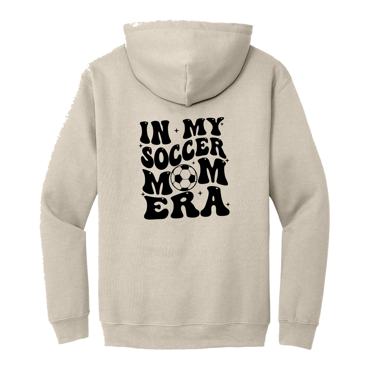 In My Soccer Mom Era Front & Back design on a Sand adult hoodie, back view.