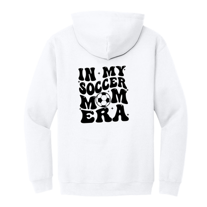 In My Soccer Mom Era Front & Back design on a White adult hoodie, back view.