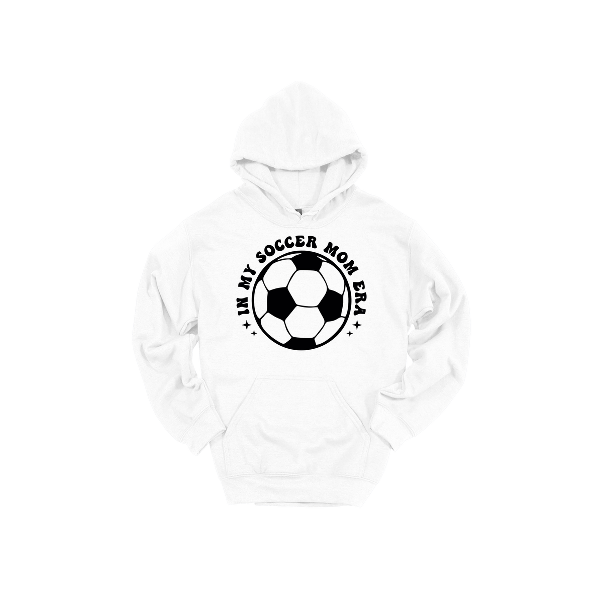 In My Soccer Mom Era Front & Back design on a White adult hoodie, front view.