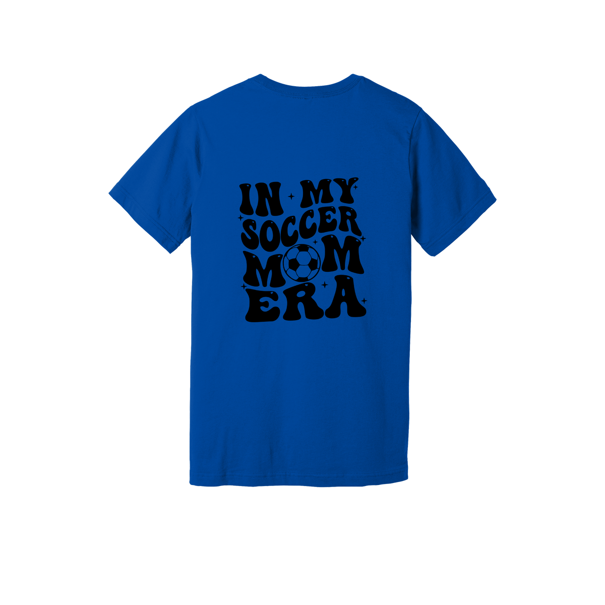 In My Soccer Mom Era Front & Back design on a Royal Blue adult T-shirt, back view.