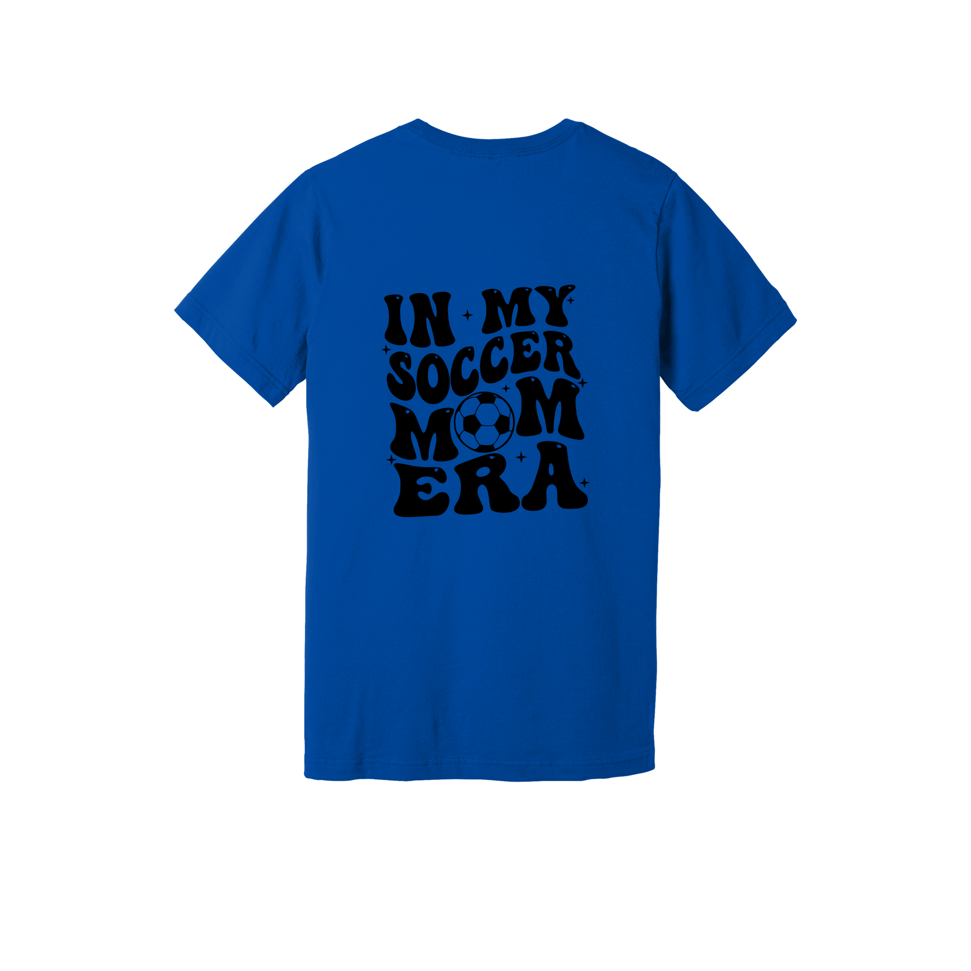 In My Soccer Mom Era Front & Back design on a Royal Blue adult T-shirt, back view.