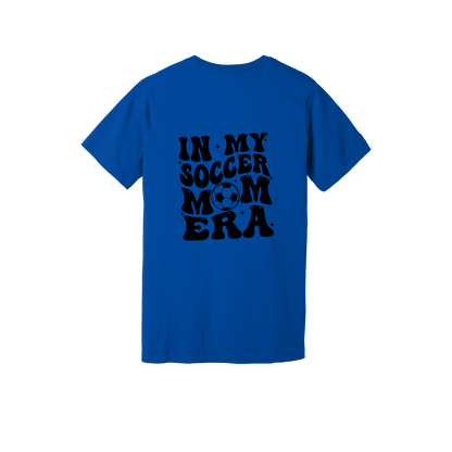 In My Soccer Mom Era Front & Back design on a Royal Blue adult T-shirt, back view.