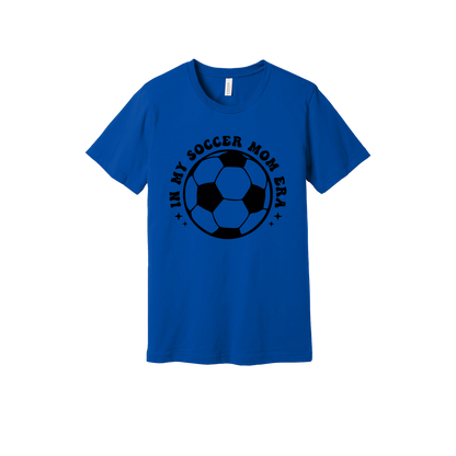 In My Soccer Mom Era Front & Back design on a Royal Blue adult T-shirt, front view.