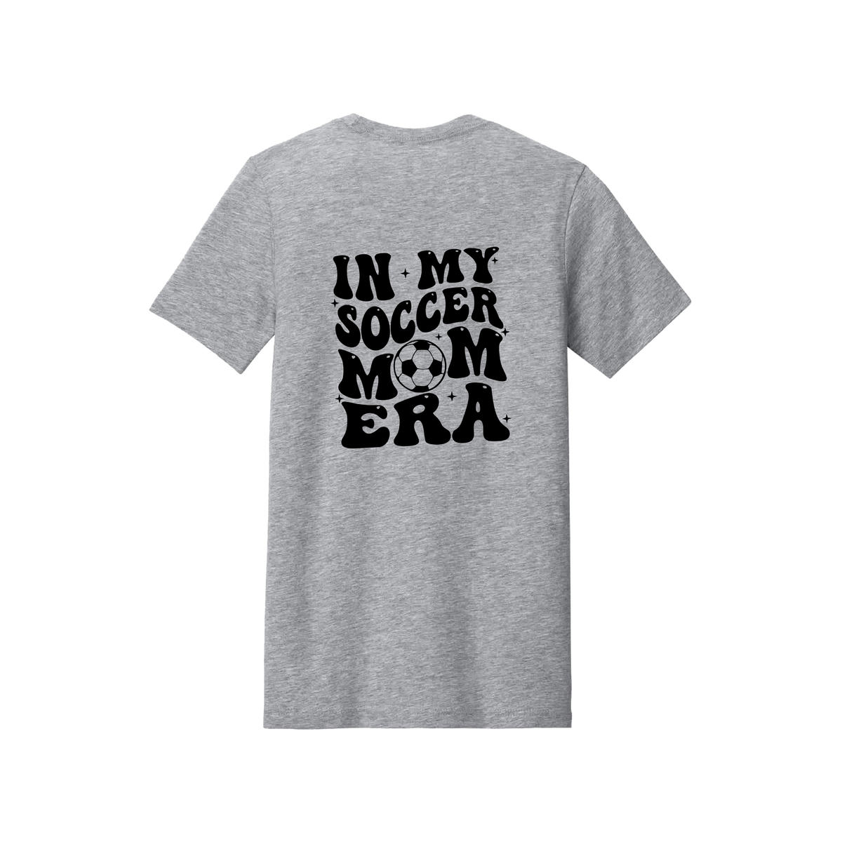In My Soccer Mom Era Front & Back design on a Heather Athletic Gray adult T-shirt, back view.