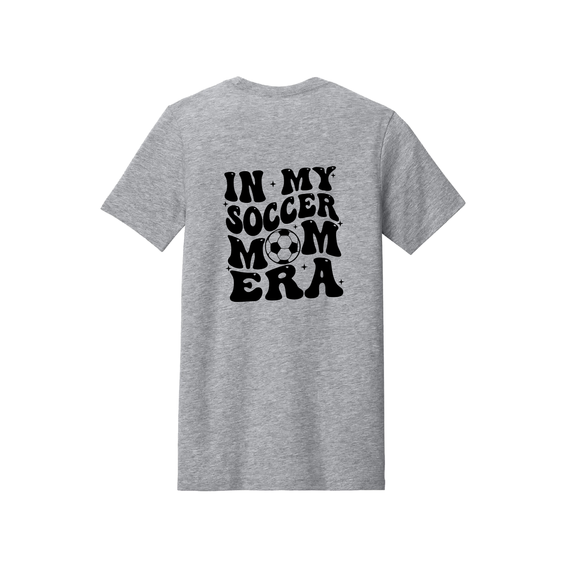 In My Soccer Mom Era Front & Back design on a Heather Athletic Gray adult T-shirt, back view.