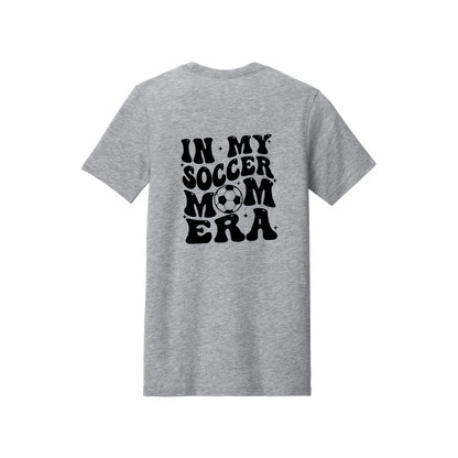 In My Soccer Mom Era Front & Back design on a Heather Athletic Gray adult T-shirt, back view.