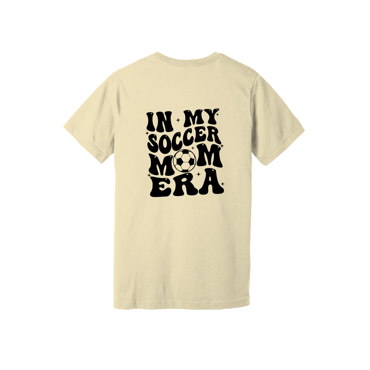In My Soccer Mom Era Front & Back design on a Natural adult T-shirt, back view.