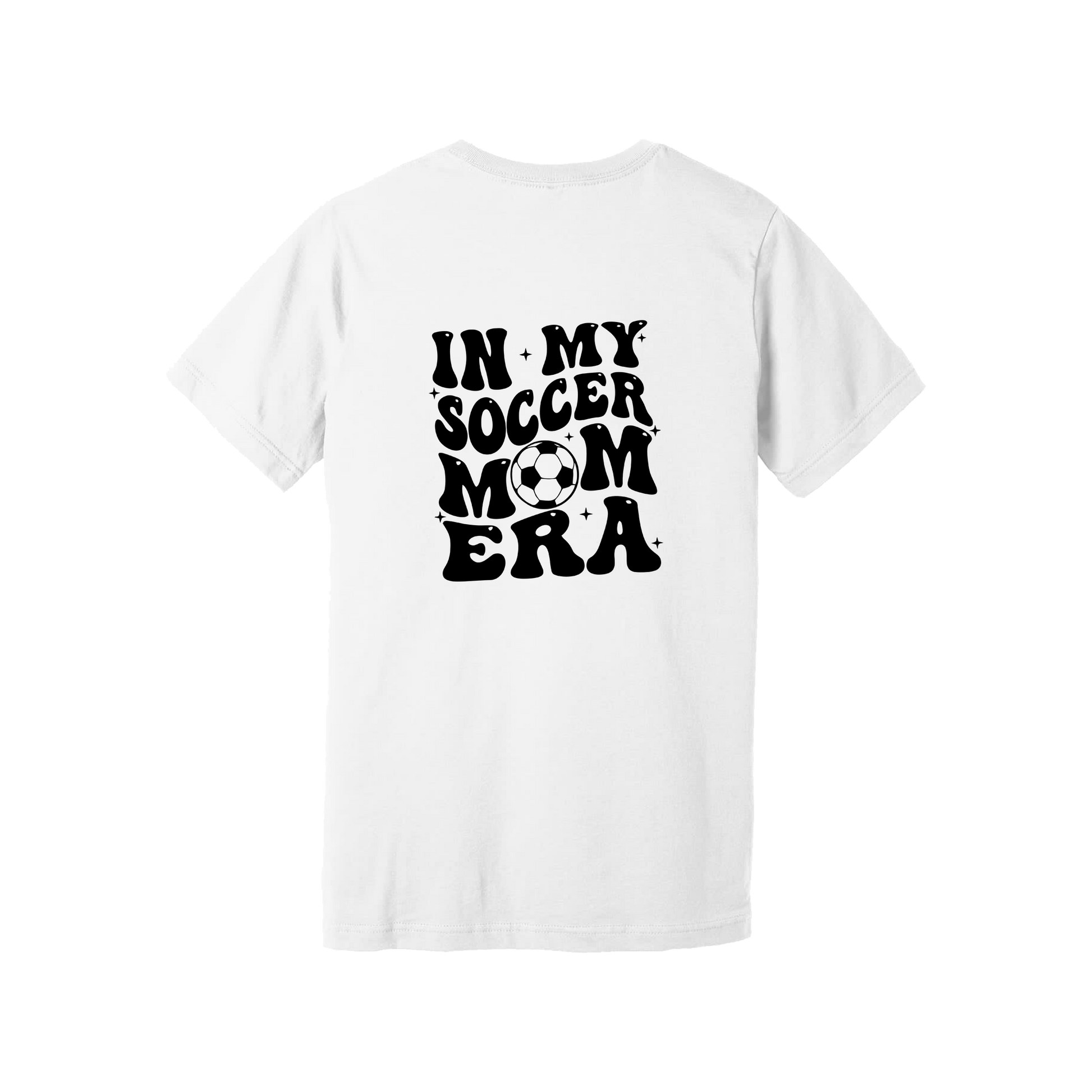 In My Soccer Mom Era Front & Back design on a White adult T-shirt, back view.