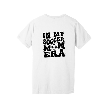 In My Soccer Mom Era Front & Back design on a White adult T-shirt, back view.