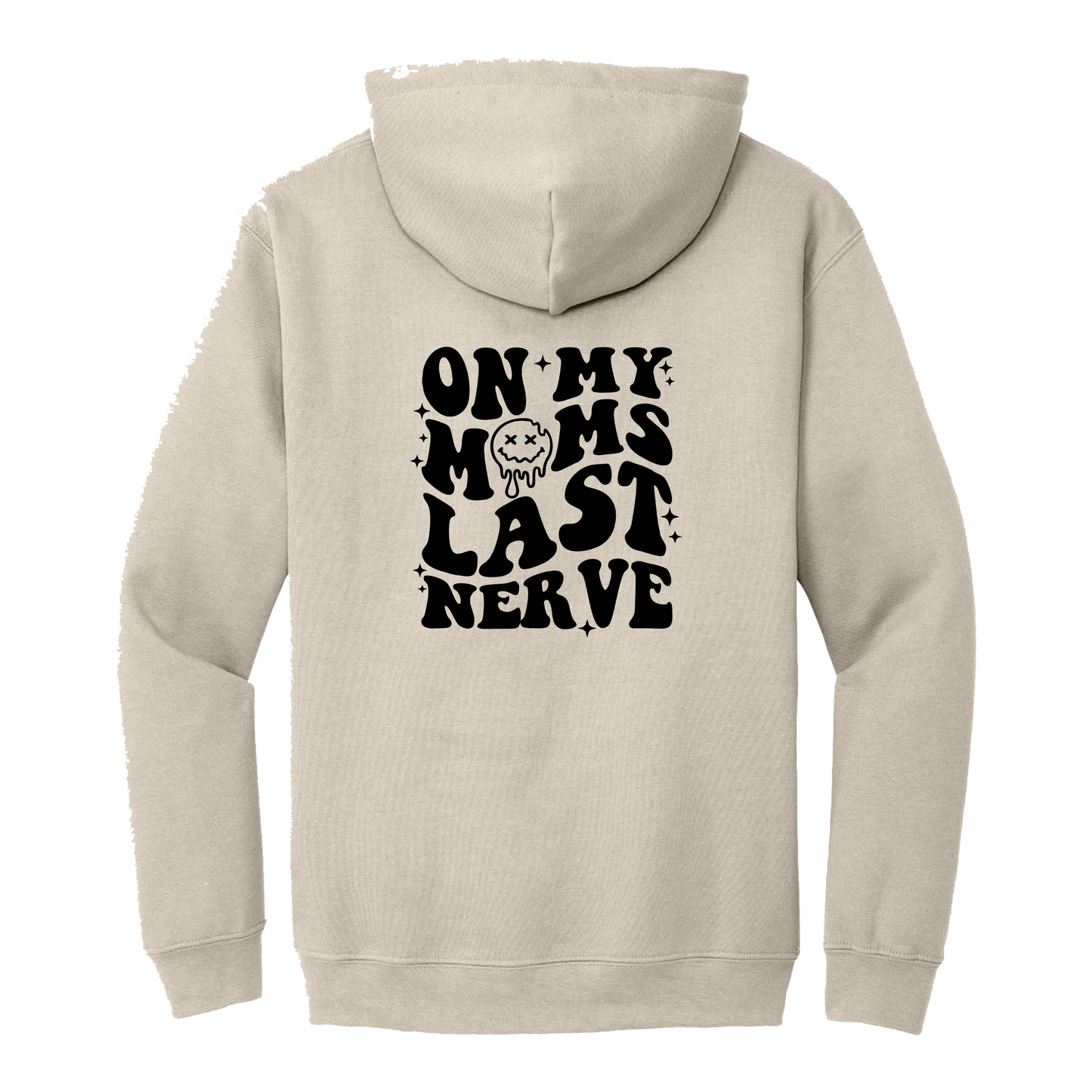 On My Last Nerve Front & Back design on a Sand adult hoodie, back view.