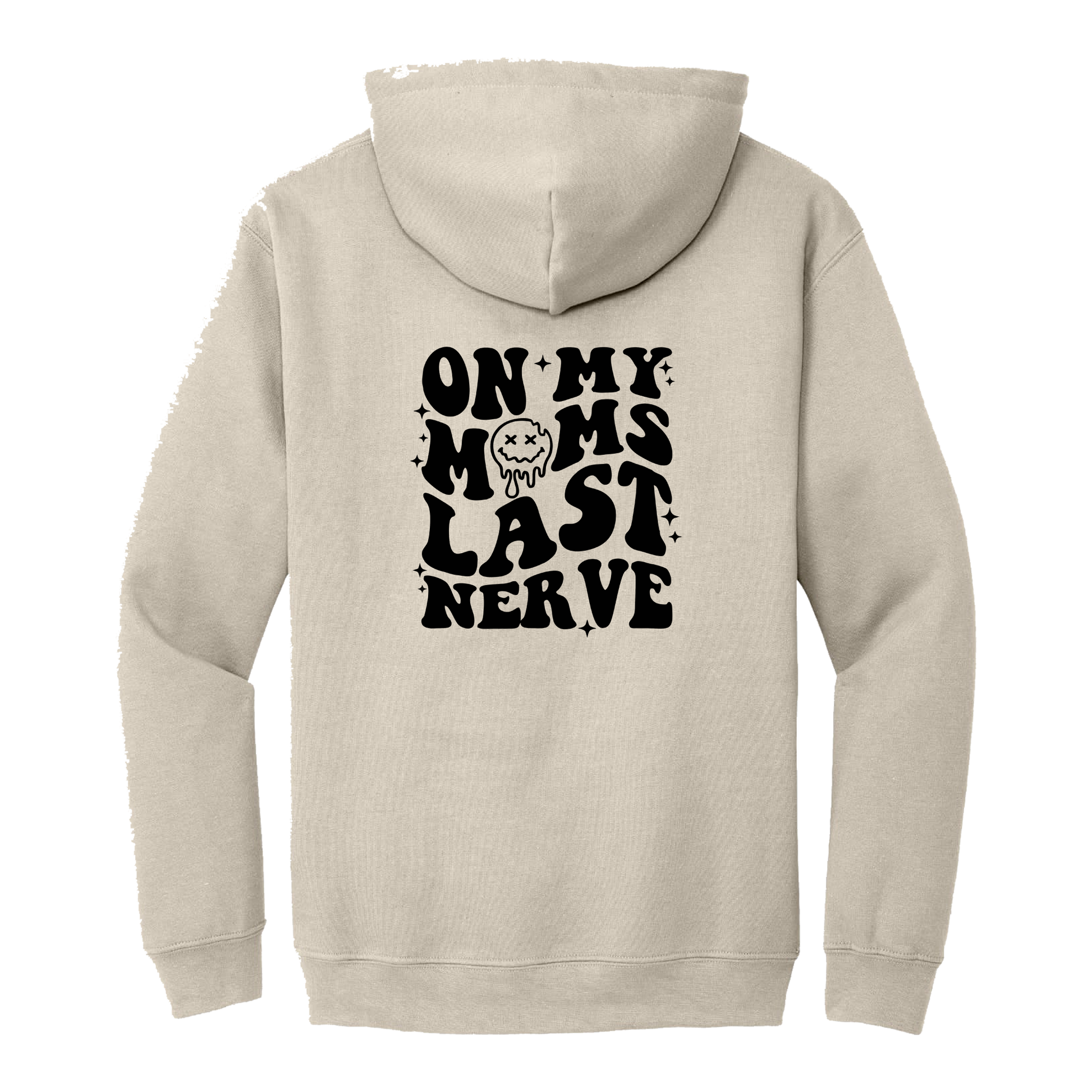 On My Last Nerve Front & Back design on a Sand adult hoodie, back view.